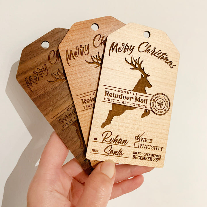 Custom Christmas Stocking or Gift Tag, Personalized Wooden Christmas Ornament, Naughty or Nice, Reindeer Mail from North Pole for Santa Sack