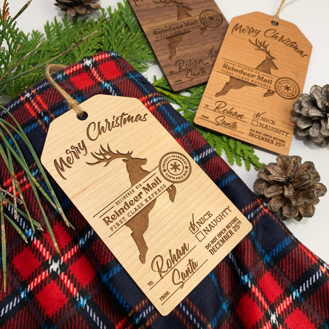 Custom Christmas Stocking or Gift Tag, Personalized Wooden Christmas Ornament, Naughty or Nice, Reindeer Mail from North Pole for Santa Sack