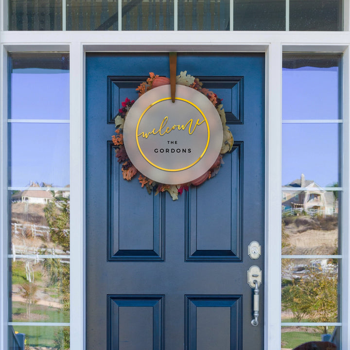 Custom 3D Door Hanger, Welcome Wreath Accent, Fall Autumn porch decor, halloween door decor- Gold Mirror on Frosted Acrylic