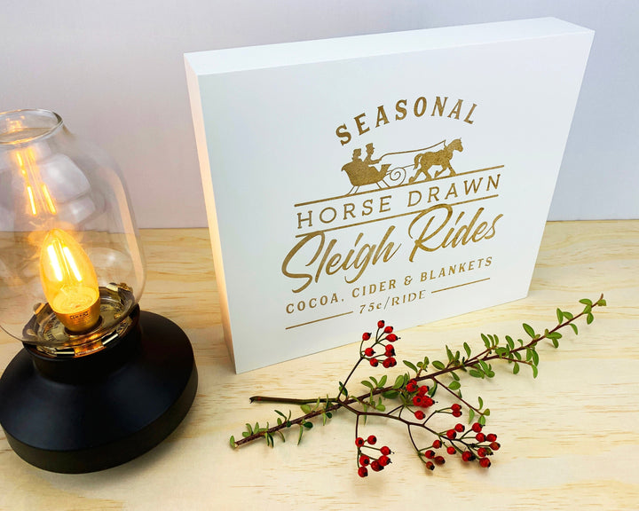 Sleigh Rides Christmas Sign, "Sleigh Rides" Country Christmas Standing Mantle Console Table Xmas Sign Decor, Double Sided White or Black