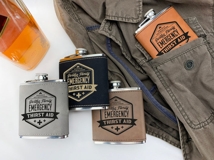 Custom Engraved Family Flask - 'Emergency Thirst Aid'