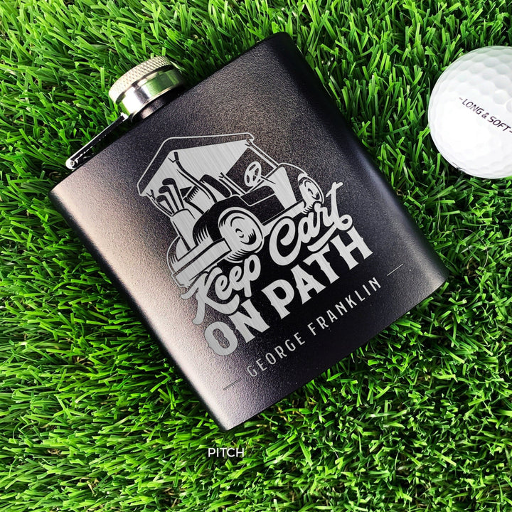 Custom Engraved Golf Flask - 'Keep Cart On Path'