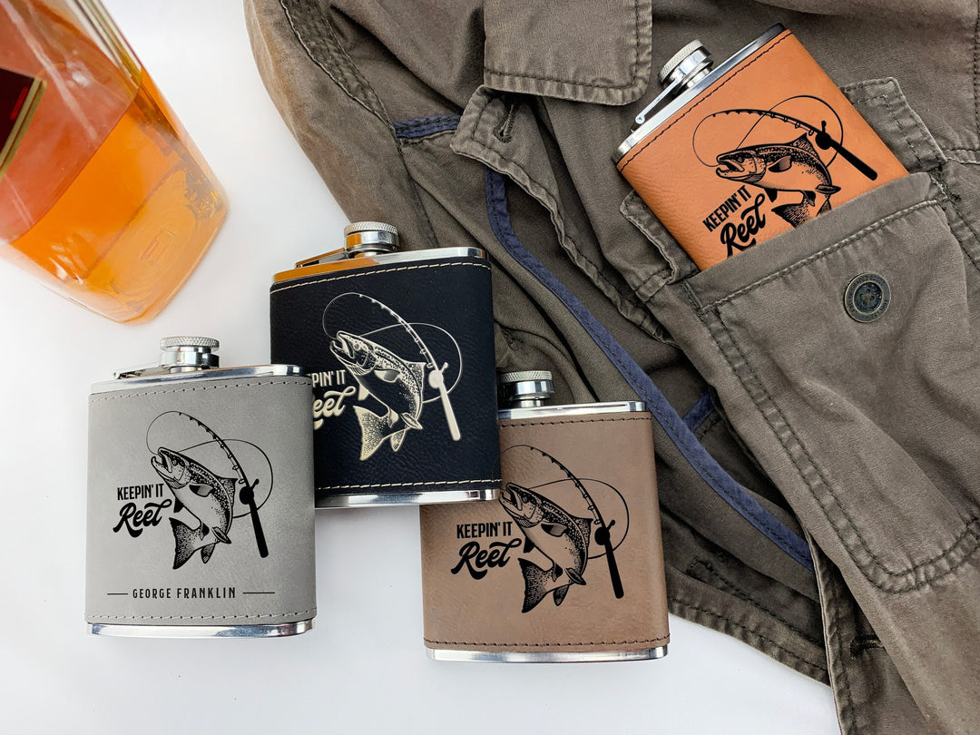 Custom Engraved Fishing Flask, Personalized Fishing Gift, Fishing gifts for men and women - Leather Aluminum "Keepin it Reel"