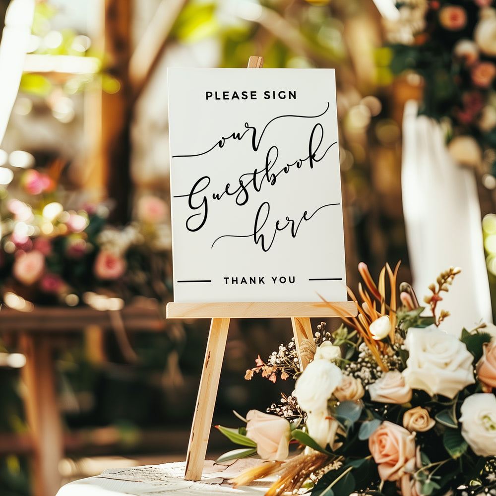 A white sign with black text that reads "Please Sign our Guestbook here Thank you" is displayed in a garden setting with a floral arrangement in the background.