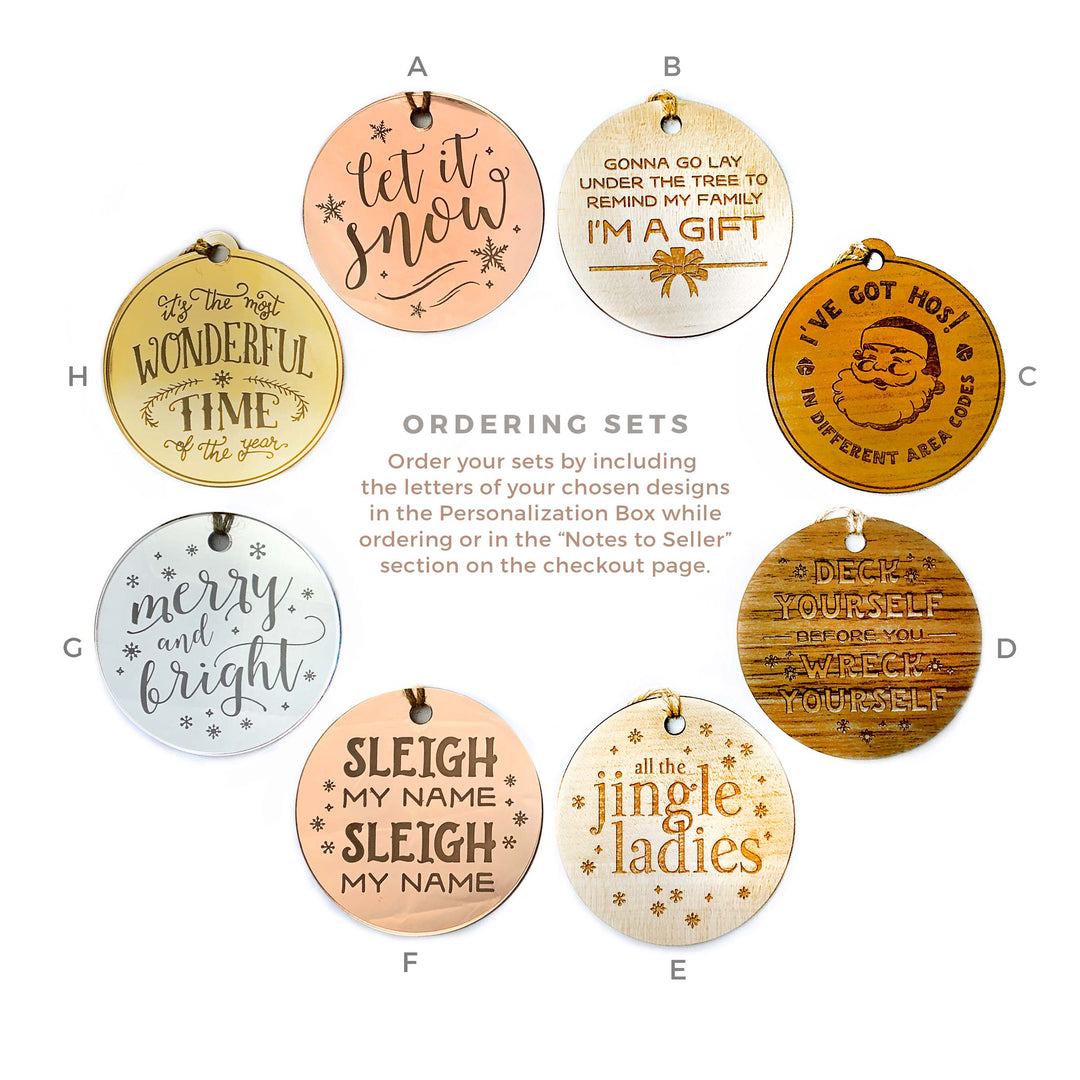 a collection of eight circular ornaments with various holiday-themed designs and text, arranged in a grid.