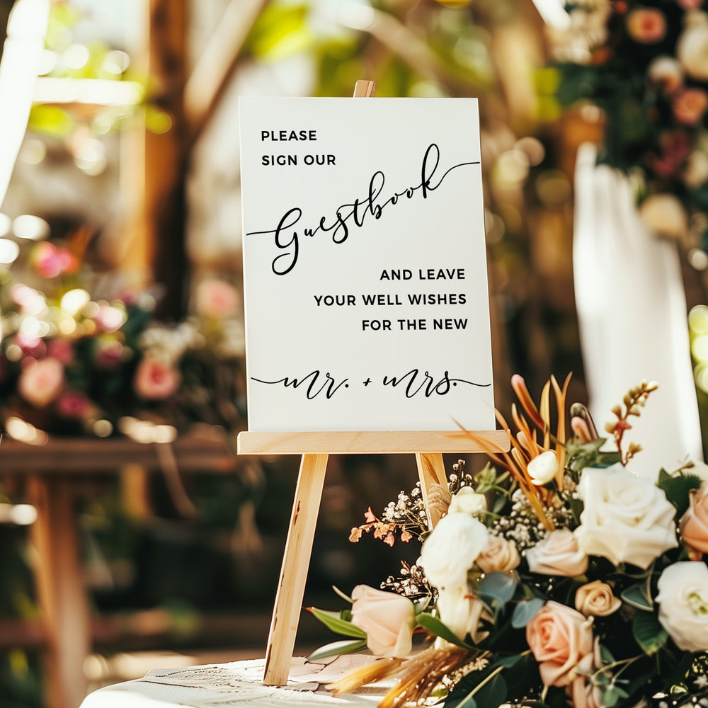 a sign that reads "Please sign our guestbook and leave your well wishes for the new bride and groom" in a garden setting with flowers.