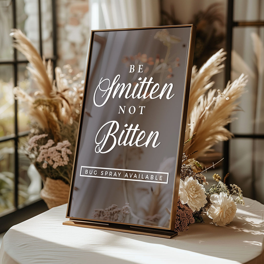 a sign with the text "Be Smitten Not Bitten" and "BUG SPRAY AVAILABLE" on a table with flowers and plants in the background.