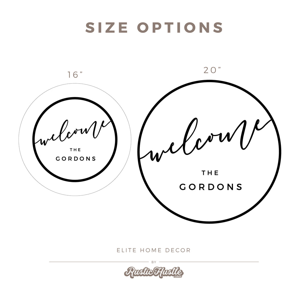 The image is a size options guide for a welcome sign, featuring two different sizes of the same sign with the text "welcome the gordons".