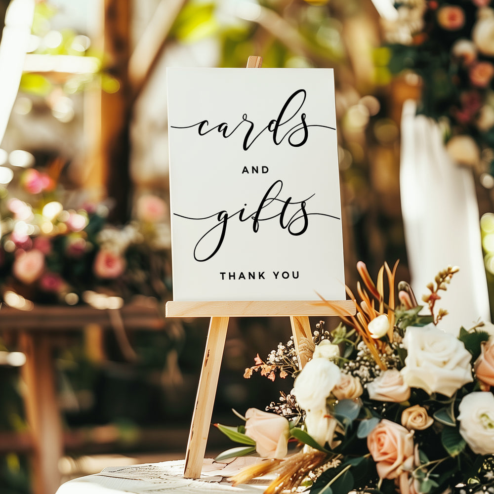 A white sign with black text that reads "cards and gifts thank you" is displayed in front of a floral arrangement.
