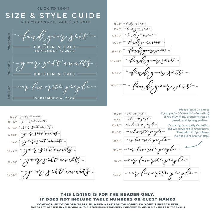 The image is a guide for the header of a wedding invitation, providing information on how to format the seating chart based on the names and dates of the guests.
