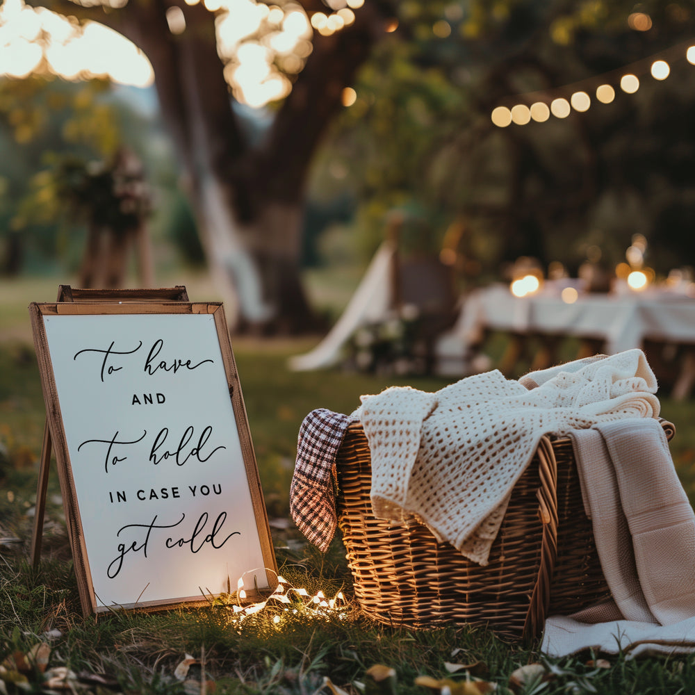 A sign with the text "To have and to hold in case you get cold" is placed on a grassy area, with a wicker basket and a blanket nearby. The background is blurred, suggesting an outdoor setting with trees and string lights.