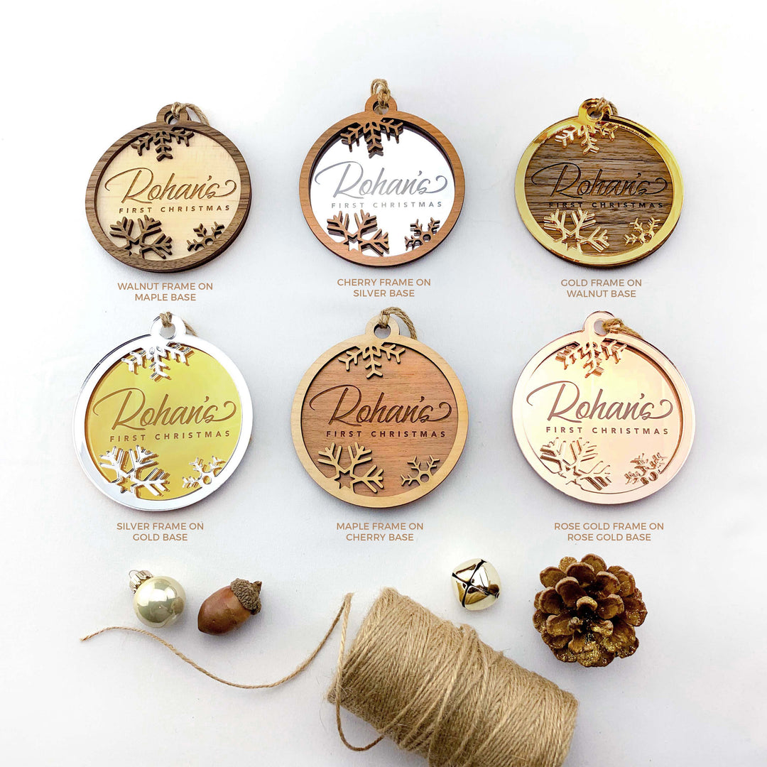a collection of six wooden ornaments with the name "Rohani" engraved on them, arranged on a white background. The ornaments come in different colors and designs, showcasing various styles and themes.
