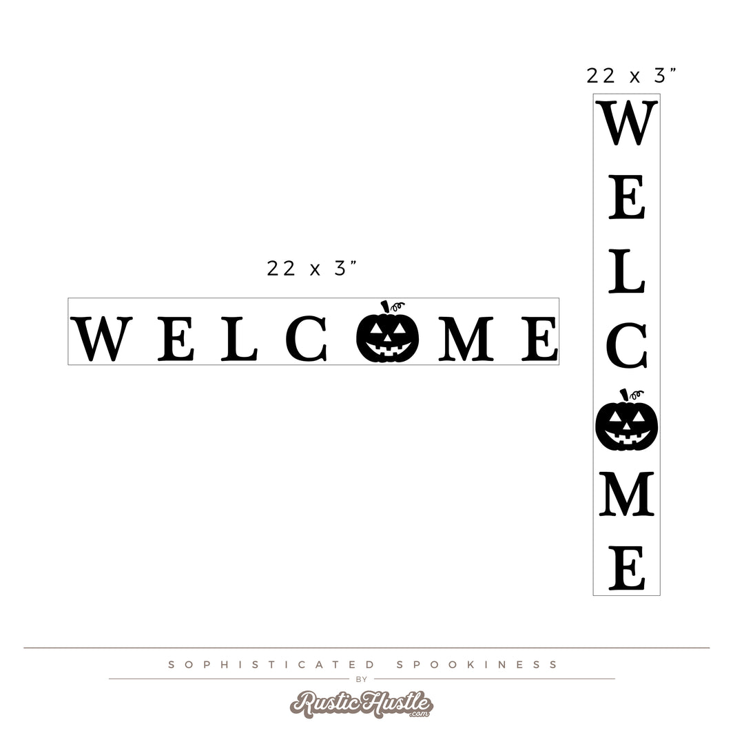 The image is a welcome sign with the word "WELCOME" and a jack-o-lantern graphic. The sign is in black and white, and it is described as a "sophisticated spookiness" sign.