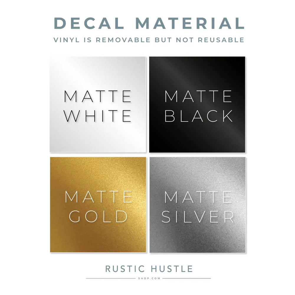 The image is a collage of four square images, each displaying a different color of matte material: white, black, gold, and silver. The text above the images states that the material is removable but not reusable, and the text below the images reads "RUSTIC HUSTLE SHOP.COM".