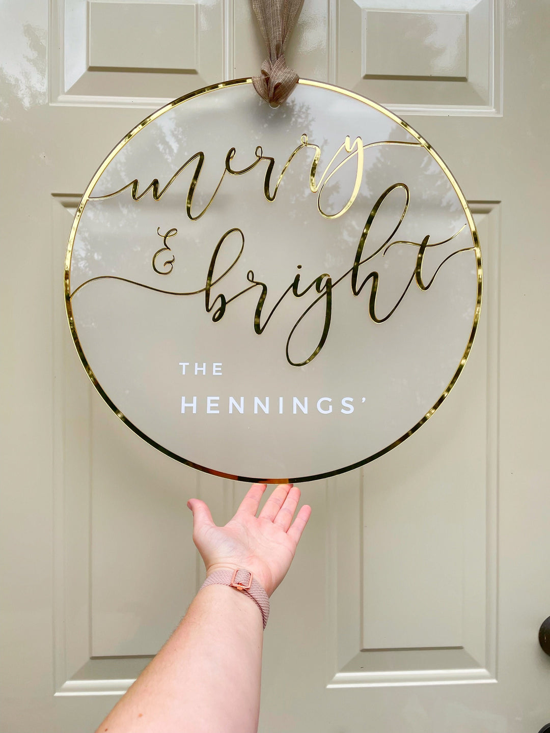 Custom 3D Door Hanger, Merry & Bright Christmas Porch Decor Xmas Winter Holidays Gift, Welcome Wreath Accent - Gold, Rose Gold Mirror Sign