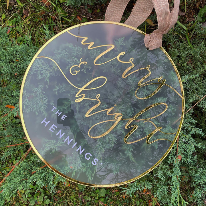 Custom 3D Door Hanger, Merry & Bright Christmas Porch Decor Xmas Winter Holidays Gift, Welcome Wreath Accent - Gold, Rose Gold Mirror Sign