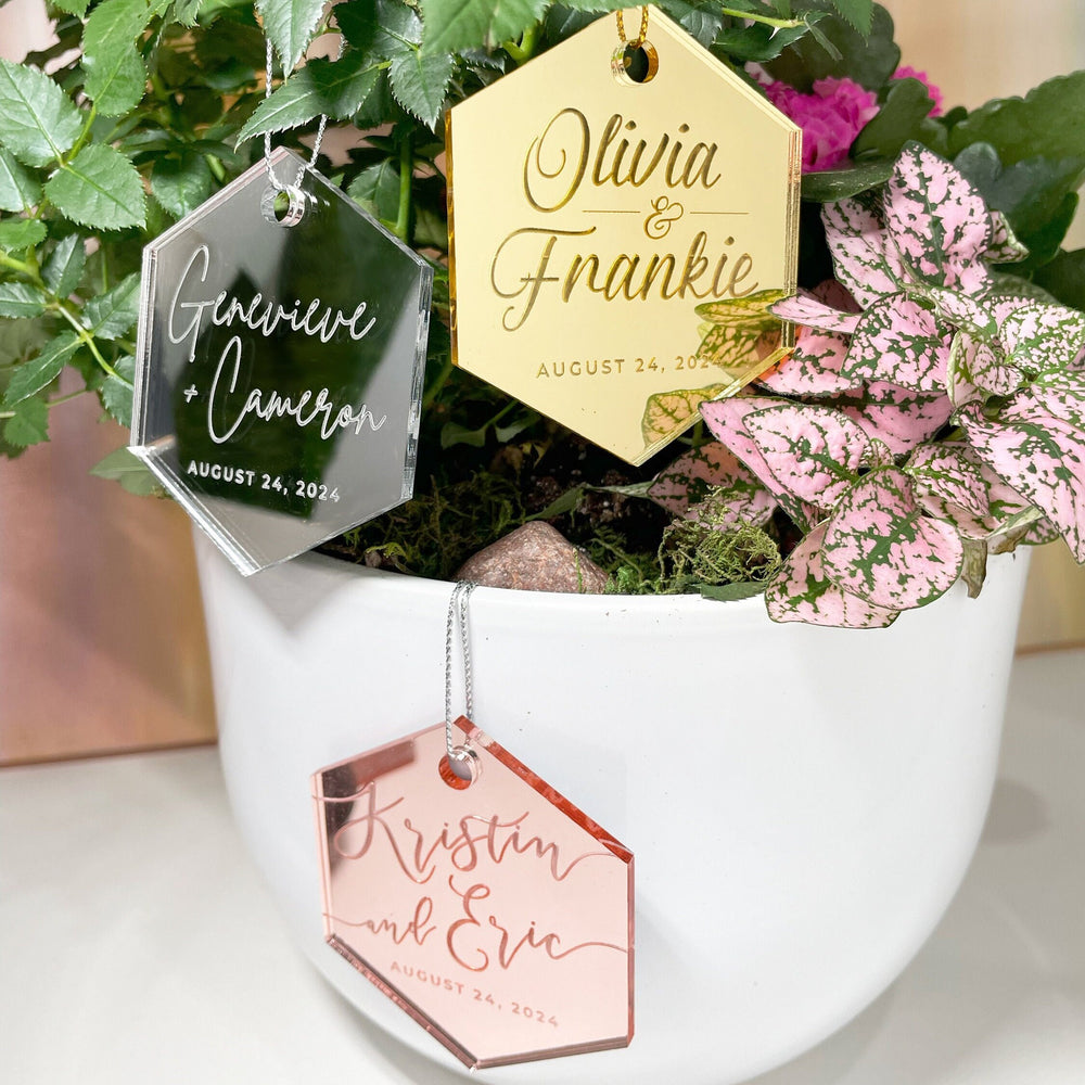 Custom Wedding Favour Ornament, Mirrored Acrylic Bulk Wholesale Logo, Monogram, Couples Name Gifting tag - ROMANTIC SOIREE