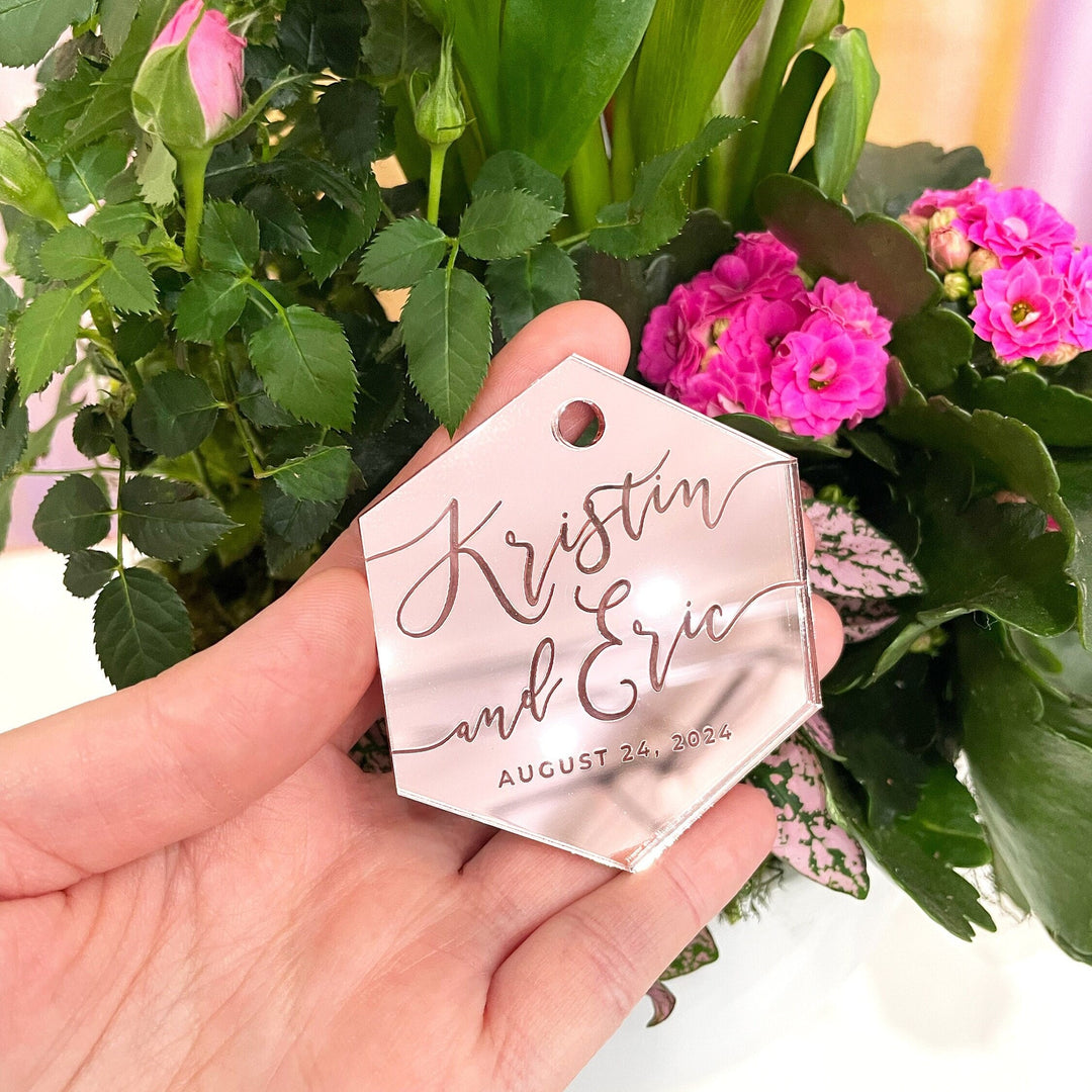 Custom Wedding Favour Ornament, Mirrored Acrylic Bulk Wholesale Logo, Monogram, Couples Name Gifting tag - ROMANTIC SOIREE