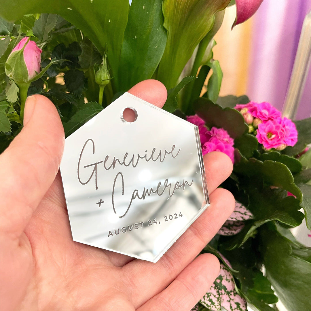 Custom Wedding Favour Ornament, Mirrored Acrylic Bulk Wholesale Logo, Monogram, Couples Name Gifting tag - ROMANTIC SOIREE