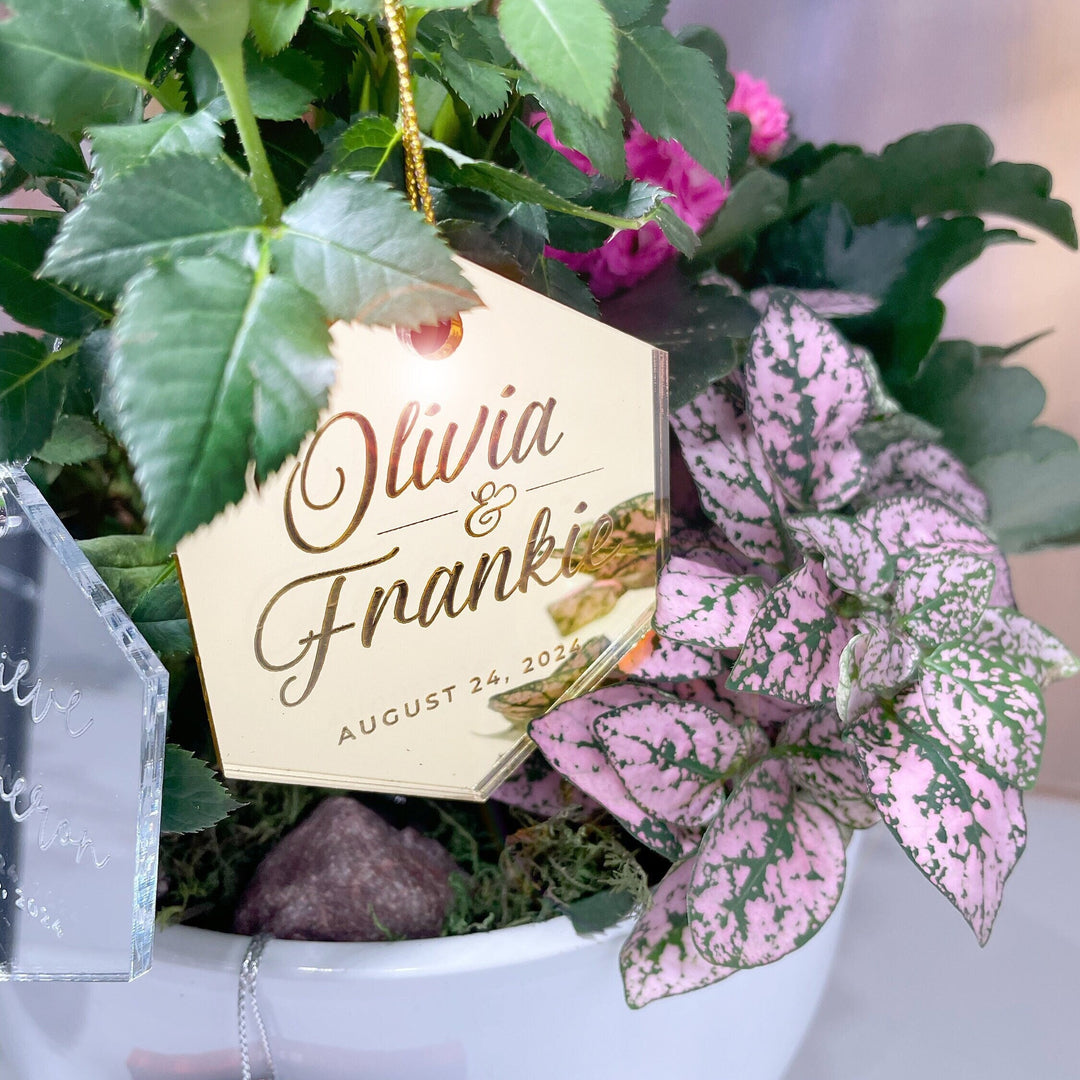 Custom Wedding Favour Ornament, Mirrored Acrylic Bulk Wholesale Logo, Monogram, Couples Name Gifting tag - FAIRYTALE EVENING