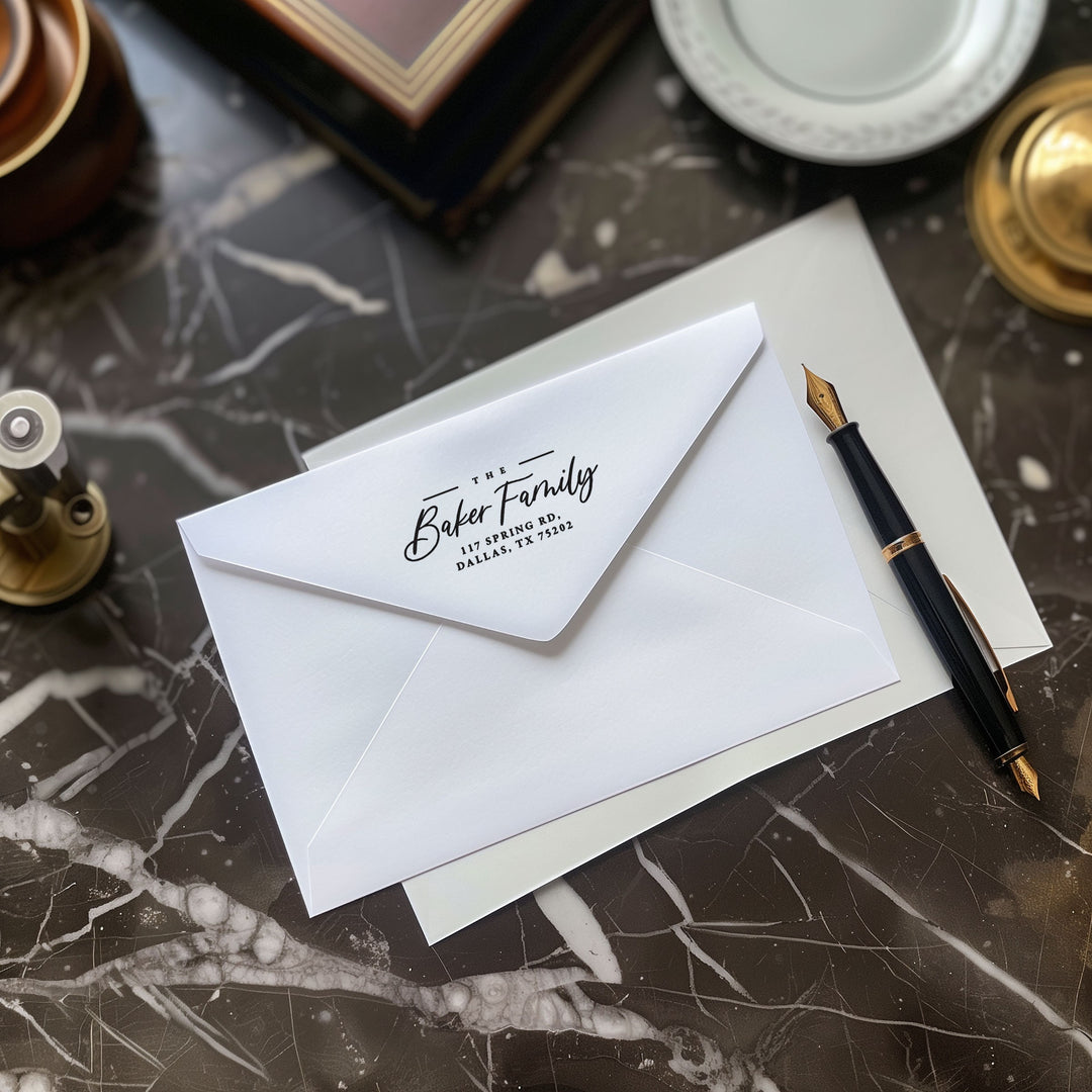 Custom Return Address Wedding Stamp - Personalized Self-Inking Stamp or Rubber Wooden Handle Stamp + Ink Pad Plant Based - RUSTIC BANQUET