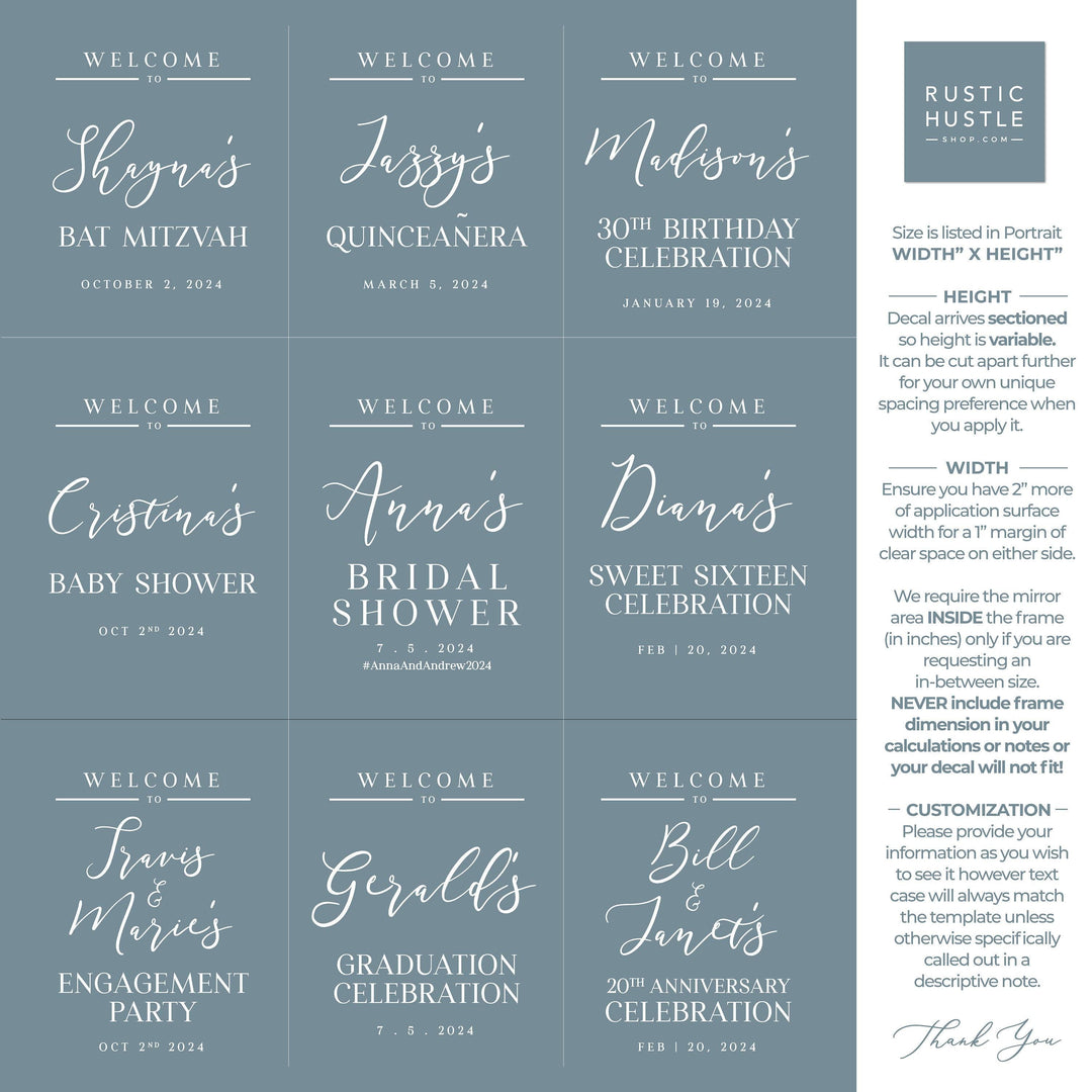 Custom Welcome to Quinceanera Entry Vinyl Decal Sticker for mirrors | Bat Mitzvah, Birthday, Sweet Sixteen, Baby, Bridal Shower Party Sign