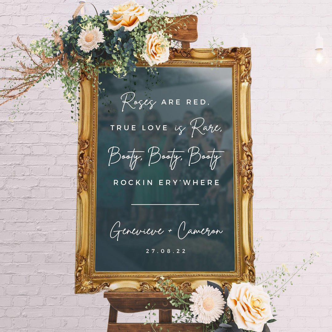Welcome to Our Wedding Custom Vinyl Decal Sticker for mirror, Wedding Decor, Booty Booty Rockin Everywhere Entrance Sign - METROPOLITAN GALA
