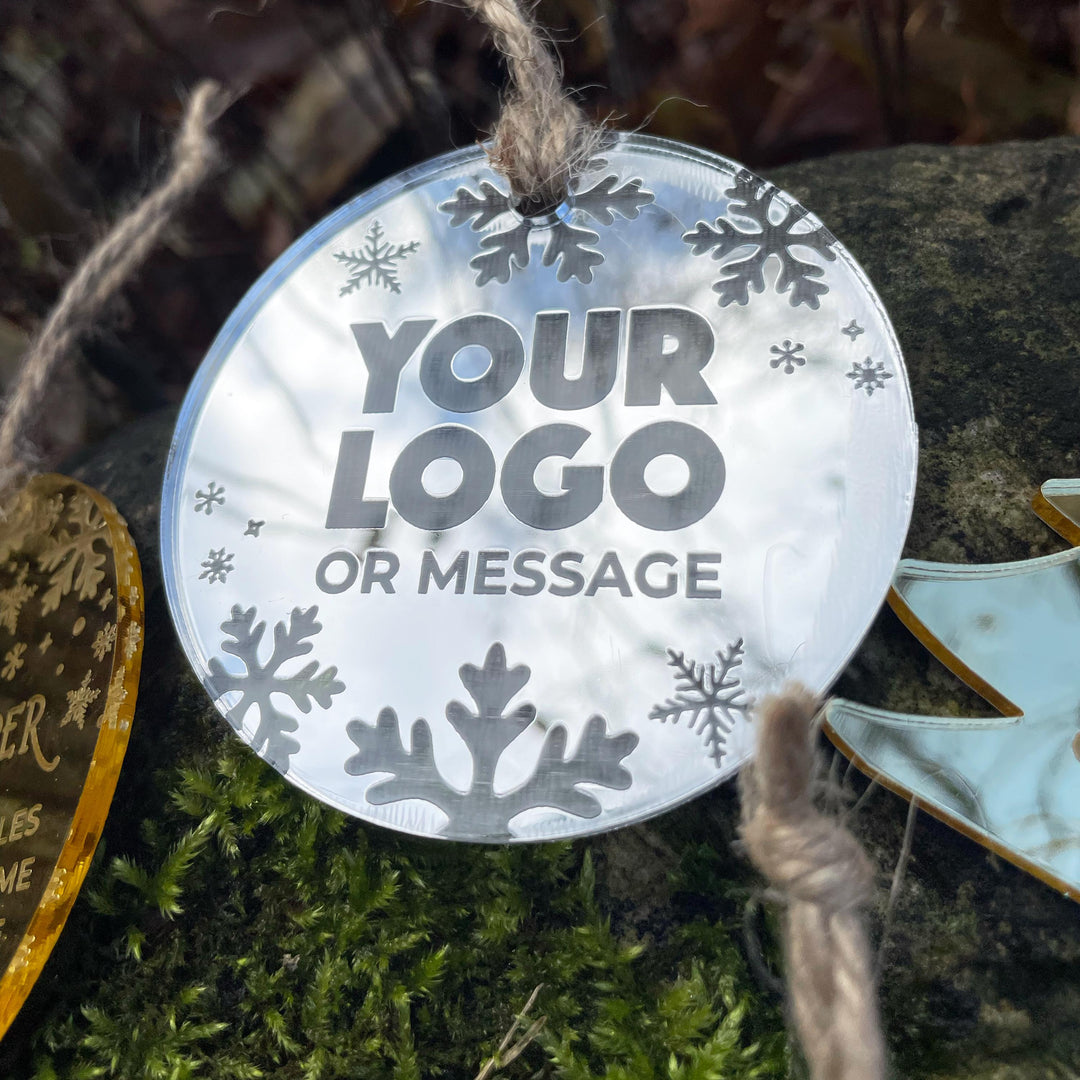 Custom Christmas Tree Ornament, Mirrored Acrylic Bulk Wholesale Logo Client Gifting, Corporate Holiday Stocking Stuffers, Personalized Decor