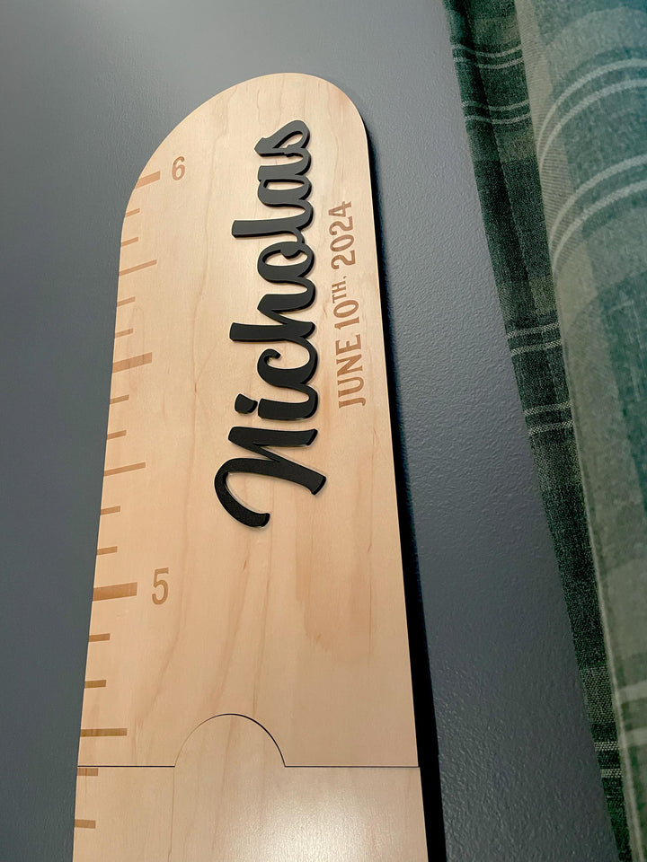 Personalized Wooden Growth Chart Ruler: 3D Metallic Name, Kid's Height Marker