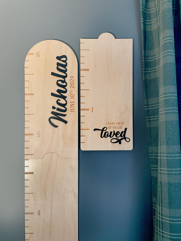 Personalized Wooden Growth Chart Ruler: 3D Metallic Name, Kid's Height Marker