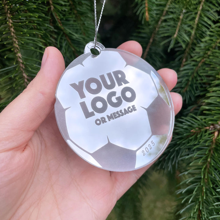 Custom Soccer Team Christmas Tree Ornaments, Bulk Wholesale Logo Sports Team Gifting, Corporate Holiday Stocking Stuffers