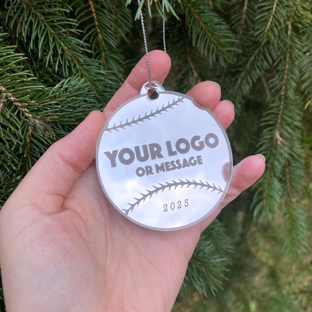 Custom Baseball Team Christmas Tree Ornaments, Bulk Wholesale Logo Sports Team Gifting, Corporate Holiday Stocking Stuffers