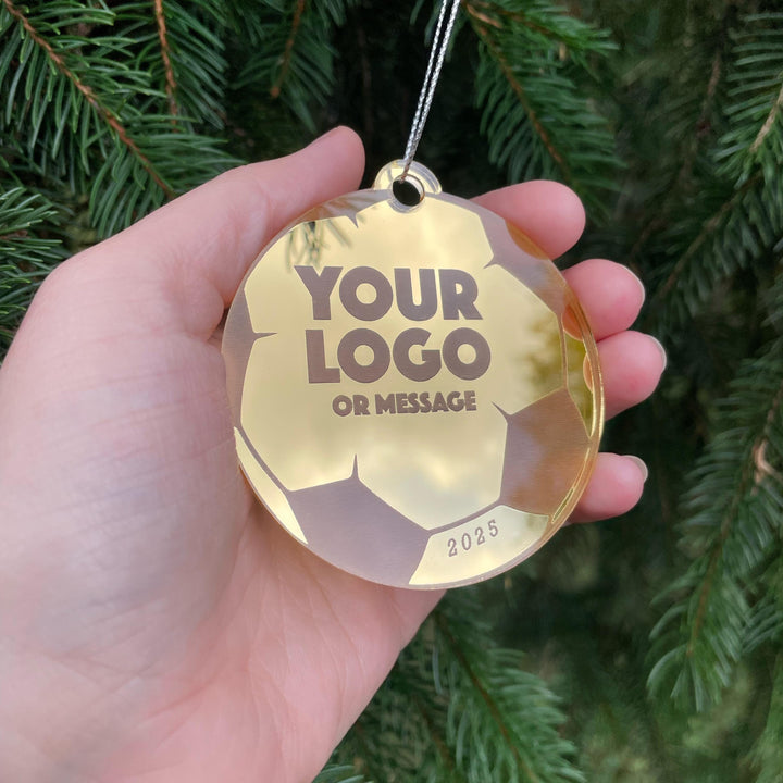 Custom Soccer Team Christmas Tree Ornaments, Bulk Wholesale Logo Sports Team Gifting, Corporate Holiday Stocking Stuffers