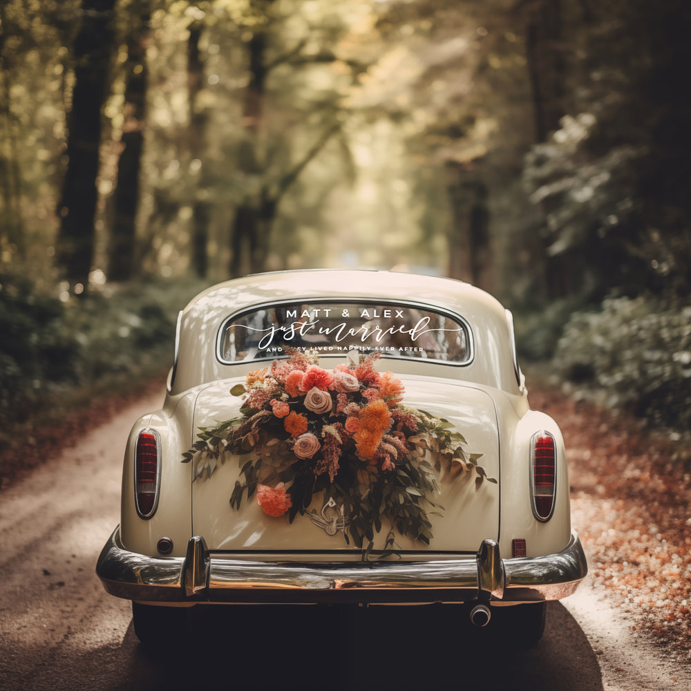 an old car with a wreath on the back of it