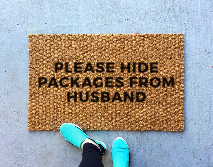 Please hide packages from husband mat, funny woven welcome rug, front door mat, indoor rug, doormat, woven rug, door step mat, welcome