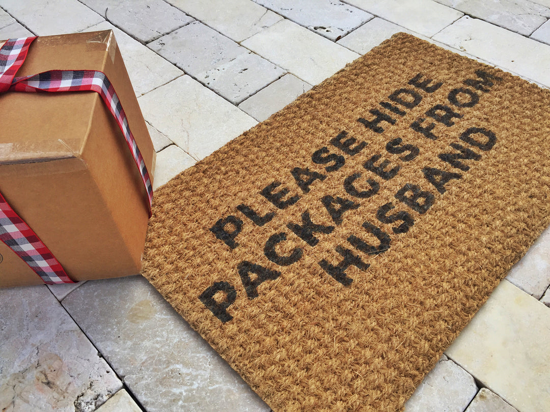 Funny Outdoor Welcome Mat - Please Hide Packages from Husband - Front Doormat, Outdoor Rug, Welcome rug - Holiday Christmas Gifts for her