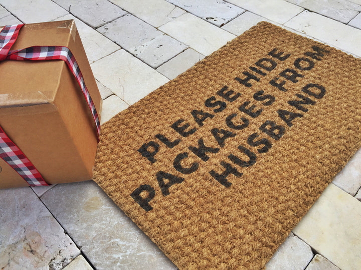 Funny Outdoor Welcome Mat - Please Hide Packages from Husband - Front Doormat, Outdoor Rug, Welcome rug - Holiday Christmas Gifts for her