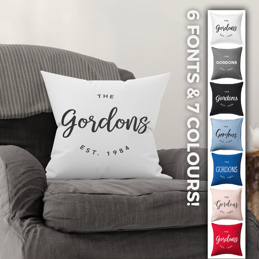 Custom Family Name Established Throw Pillowcase, Custom Pillow with Last Name, Customizable Personalized Pillow, Anniversary Engagement Gift