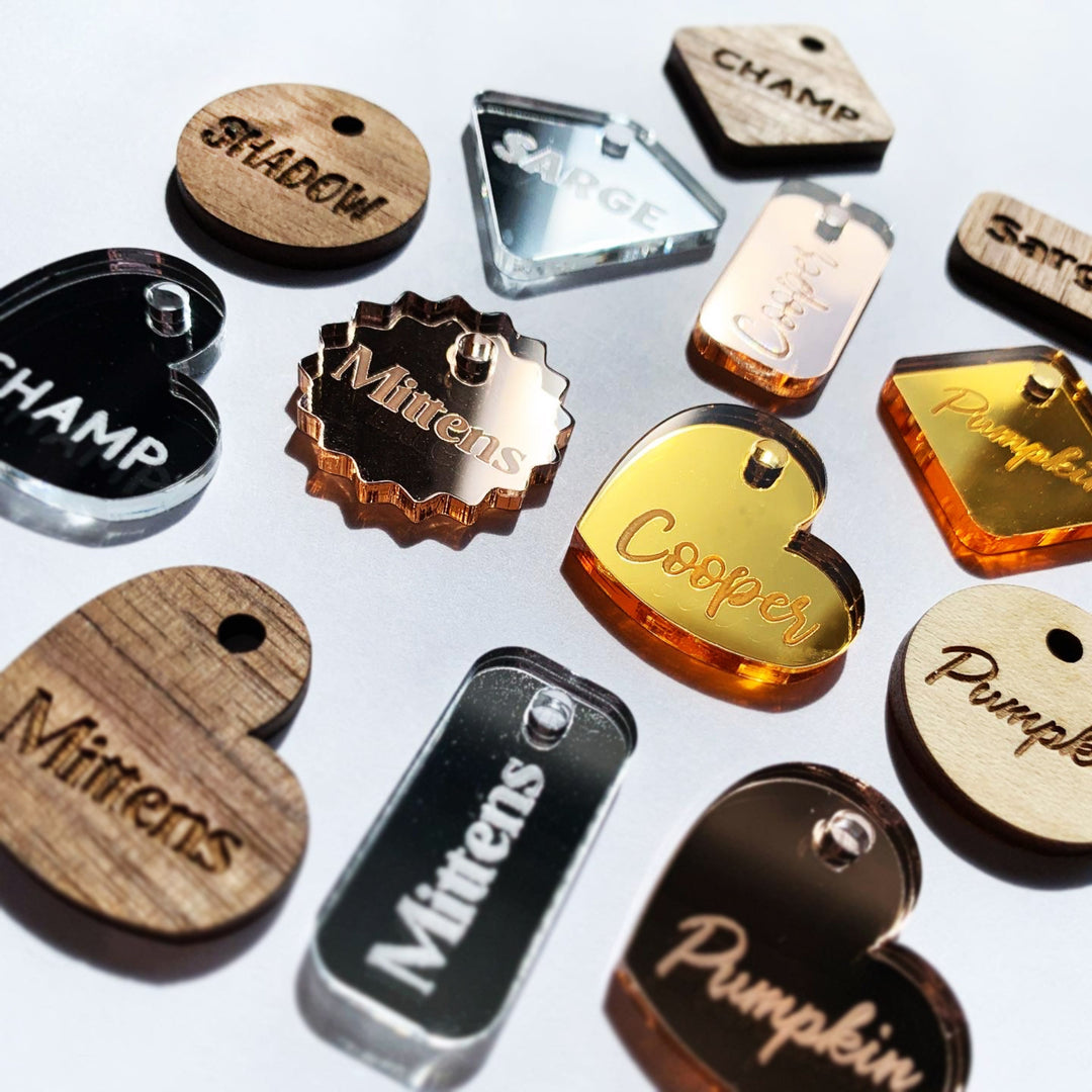 Custom Mirror or Wood Pet Tag, Personalized Cat and Dog Pet ID Tags, Pet Gift, Customized Lost Pet Tag, Rose gold, Gold, Silver Mirror