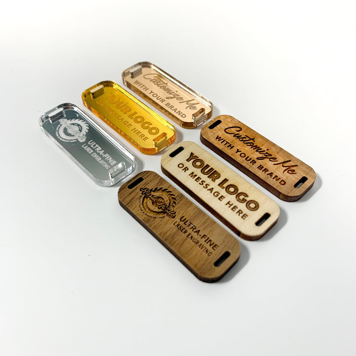 Custom Logo RIGID Product Tags - Wood and Mirrored Acrylic