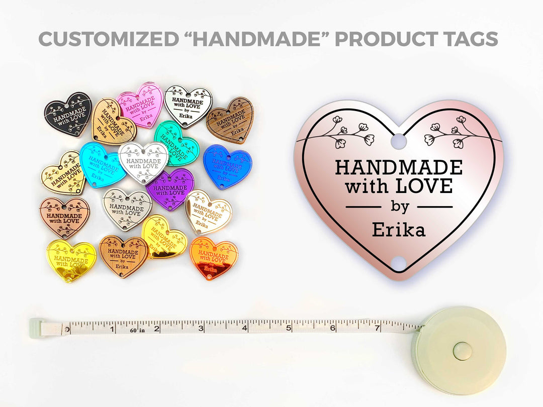 Custom Heart Shaped Tags 'Handmade with Love' Floral Product Tags, Buttons, Knitted, Crochet Items in Wood, Mirrored Acrylic Plastic