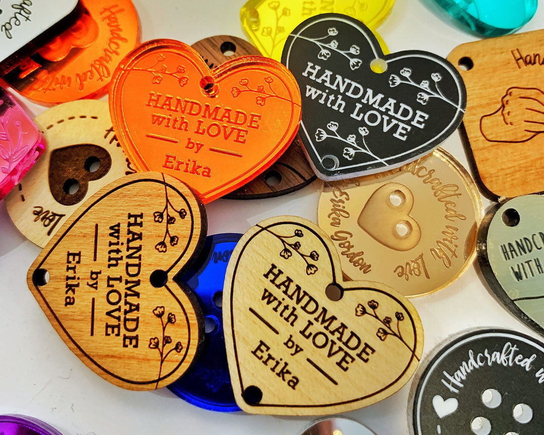 Custom Heart Shaped Tags 'Handmade with Love' Floral Product Tags, Buttons, Knitted, Crochet Items in Wood, Mirrored Acrylic Plastic