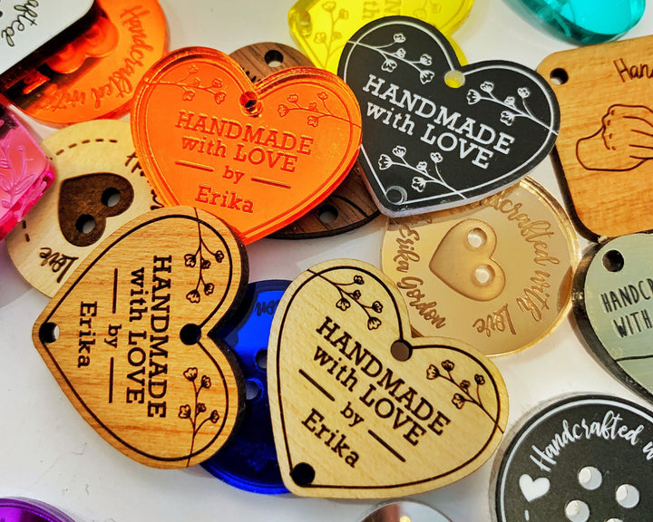 Custom Heart Shaped Tags 'Handmade with Love' Floral Product Tags, Buttons, Knitted, Crochet Items in Wood, Mirrored Acrylic Plastic