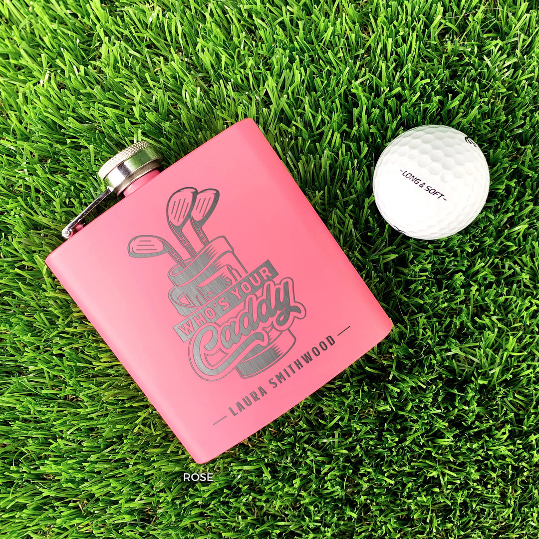 Custom Engraved Golf Flask, Personalized Golfers' Gift for Men - Cruelty-Free Leatherette or Anodized Aluminum "Who's Your Caddy"