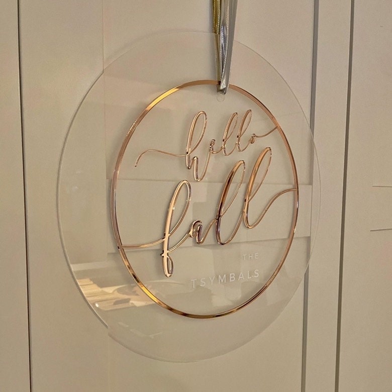 Custom 3D Door Hanger, Hello Fall Wreath Accent, Fall Autumn porch decor, halloween door decor- Gold Mirror on Frosted Acrylic
