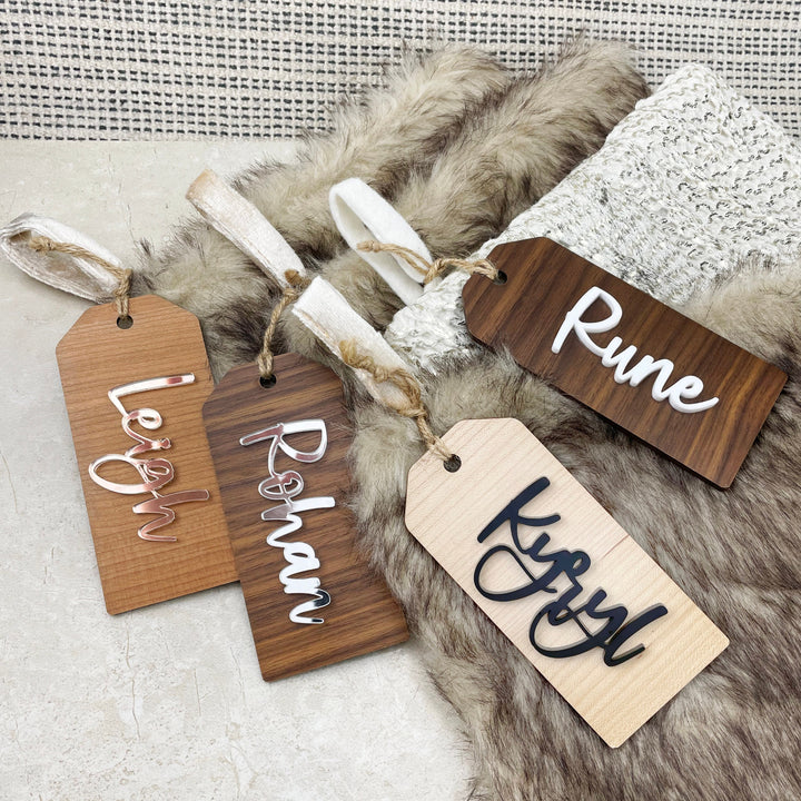 Custom 3D Christmas Stocking or Gift Tags, Personalized Metallic + Wood, Hanging Name Tag for Christmas Socks, Xmas Mantle Decor